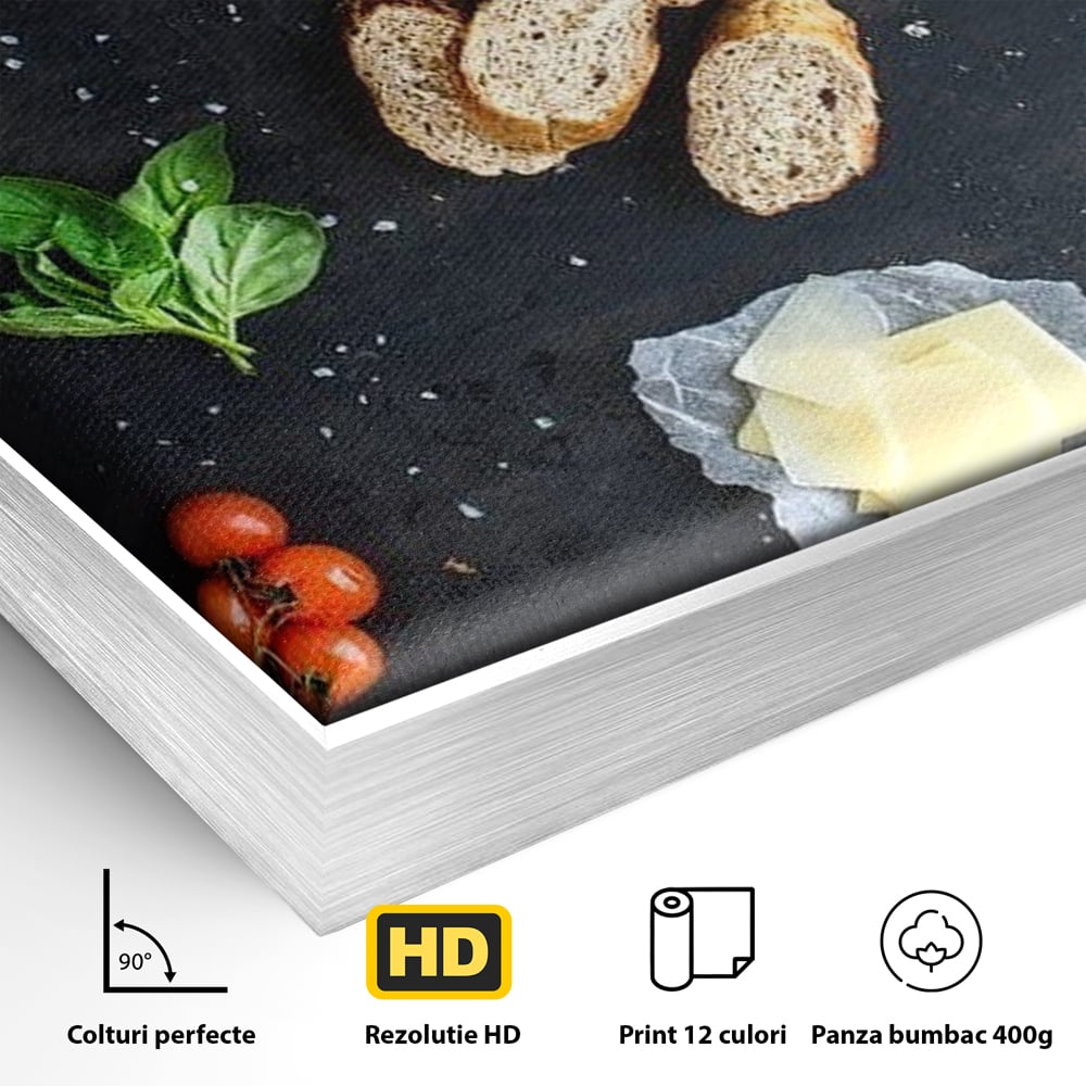 Leinwand Premium Canvas Wall Art, LuxCanva® N1100, Bruschetta Italienisch, Tomaten, Basilikum, Parmesan, Oliven, Gewürze, Zutaten, Rezept, Aperitif, Snack, Restaurant, Küche