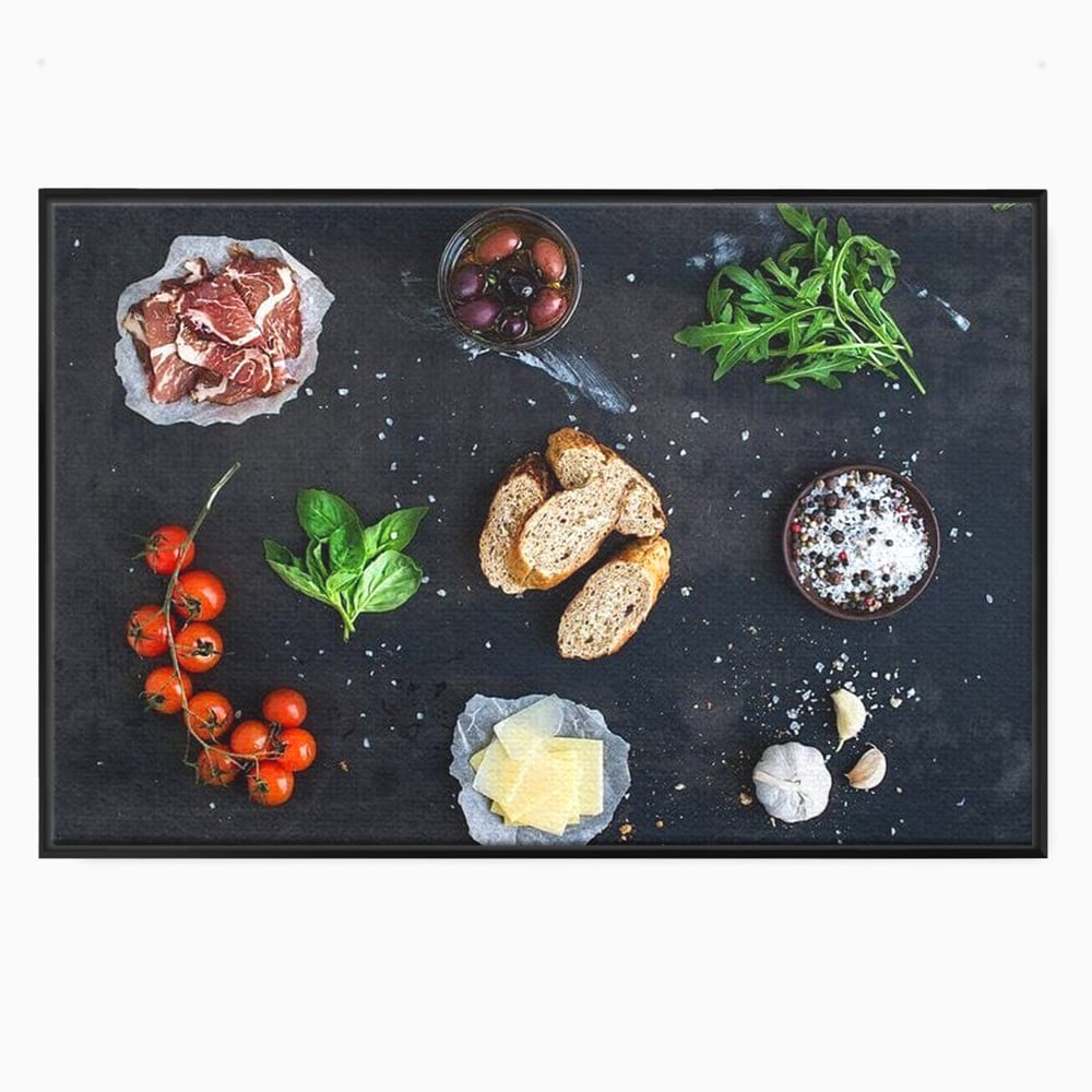 Leinwand Premium Canvas Wall Art, LuxCanva® N1100, Bruschetta Italienisch, Tomaten, Basilikum, Parmesan, Oliven, Gewürze, Zutaten, Rezept, Aperitif, Snack, Restaurant, Küche