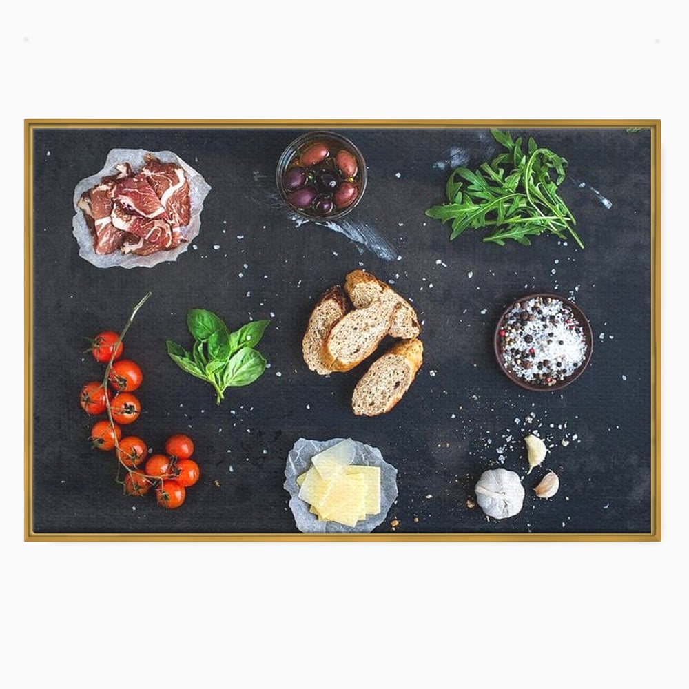 Leinwand Premium Canvas Wall Art, LuxCanva® N1100, Bruschetta Italienisch, Tomaten, Basilikum, Parmesan, Oliven, Gewürze, Zutaten, Rezept, Aperitif, Snack, Restaurant, Küche