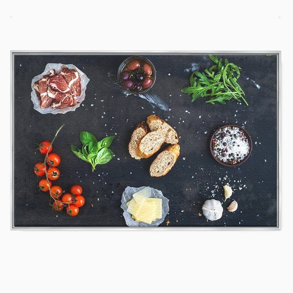 Leinwand Premium Canvas Wall Art, LuxCanva® N1100, Bruschetta Italienisch, Tomaten, Basilikum, Parmesan, Oliven, Gewürze, Zutaten, Rezept, Aperitif, Snack, Restaurant, Küche