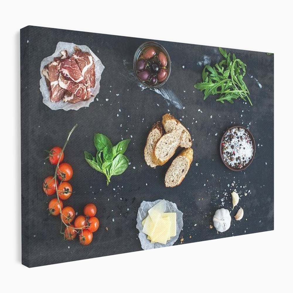 Leinwand Premium Canvas Wall Art, LuxCanva® N1100, Bruschetta Italienisch, Tomaten, Basilikum, Parmesan, Oliven, Gewürze, Zutaten, Rezept, Aperitif, Snack, Restaurant, Küche