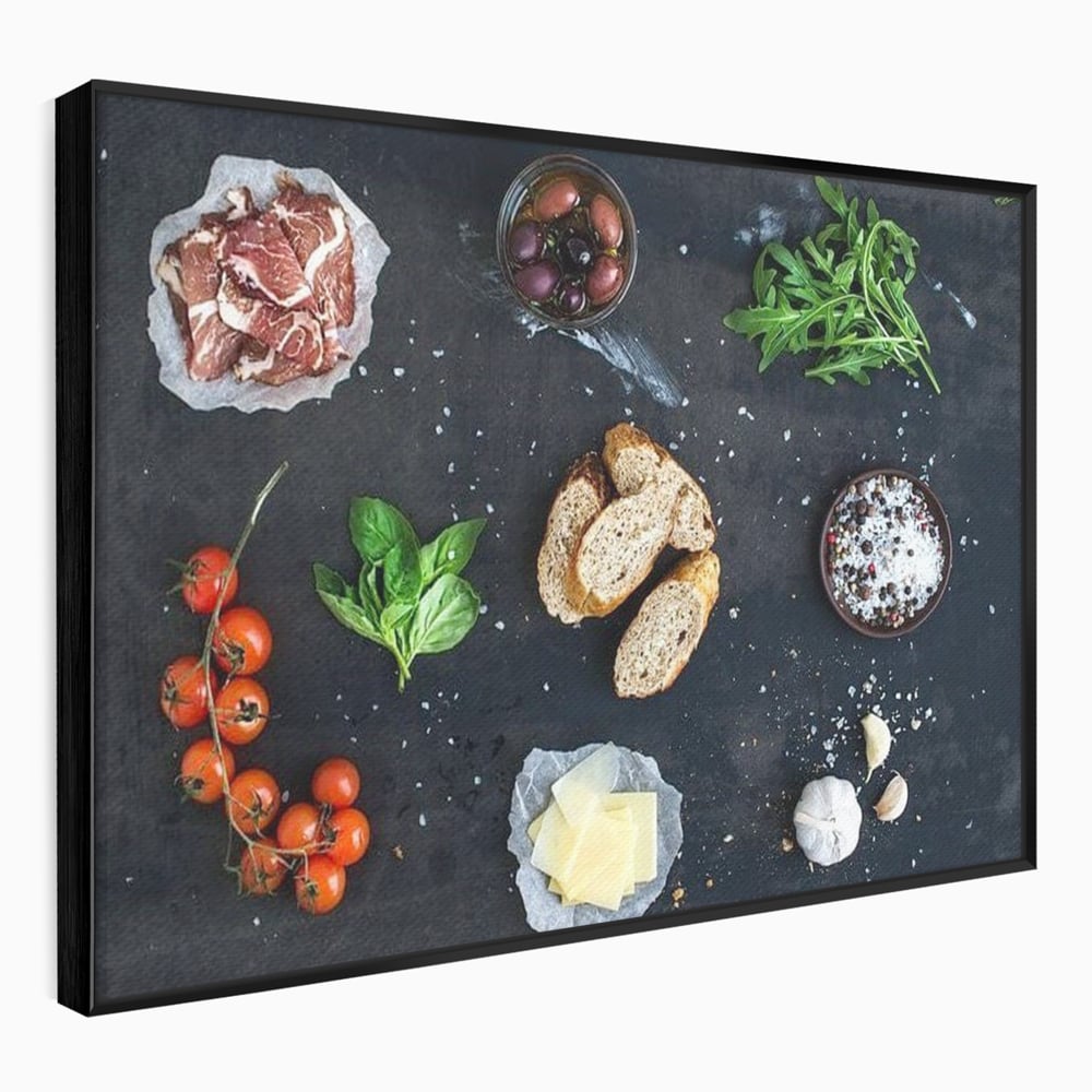 Leinwand Premium Canvas Wall Art, LuxCanva® N1100, Bruschetta Italienisch, Tomaten, Basilikum, Parmesan, Oliven, Gewürze, Zutaten, Rezept, Aperitif, Snack, Restaurant, Küche