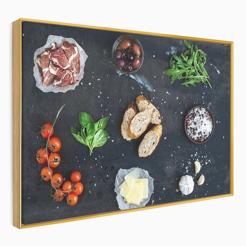 Leinwand Premium Canvas Wall Art, LuxCanva® N1100, Bruschetta Italienisch, Tomaten, Basilikum, Parmesan, Oliven, Gewürze, Zutaten, Rezept, Aperitif, Snack, Restaurant, Küche