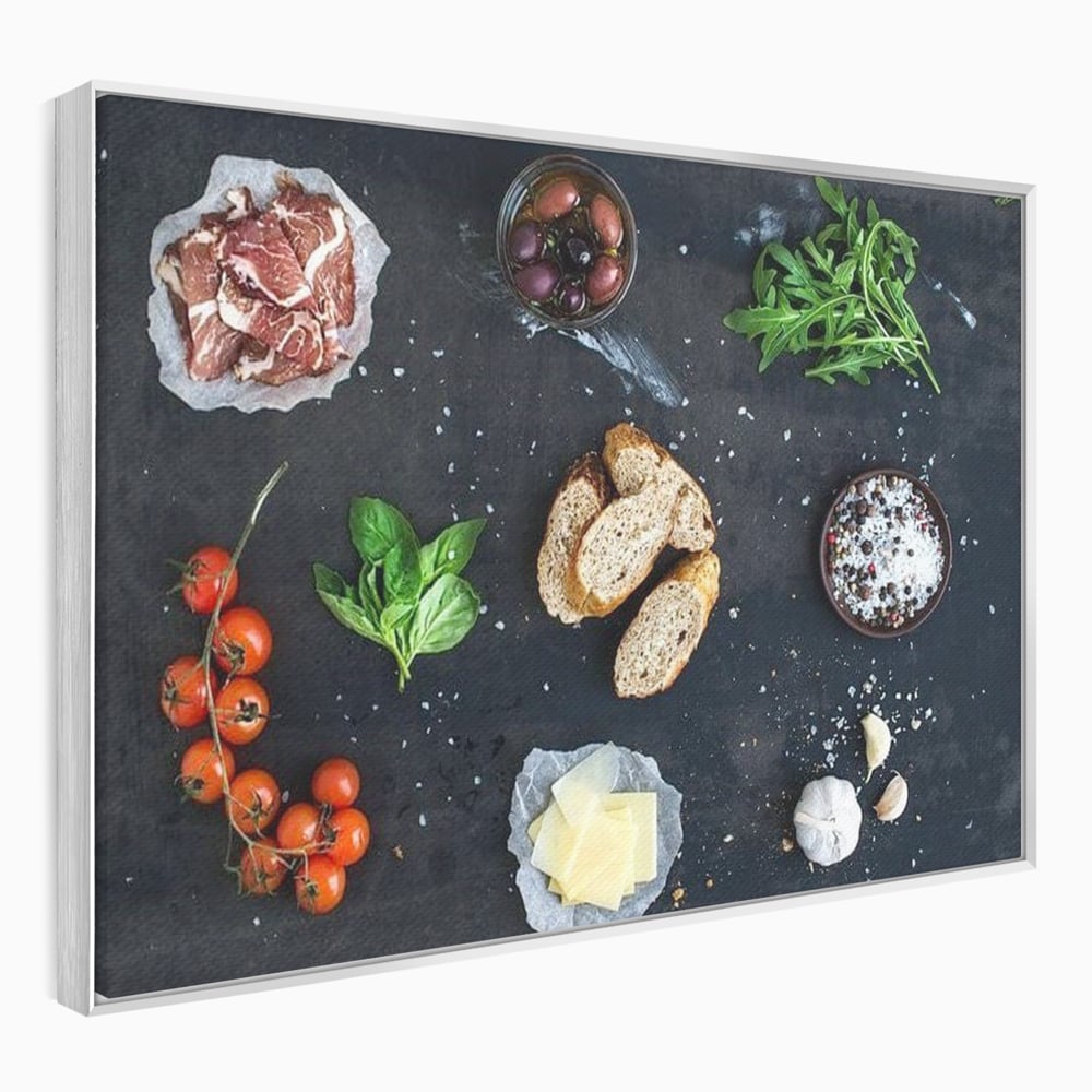 Leinwand Premium Canvas Wall Art, LuxCanva® N1100, Bruschetta Italienisch, Tomaten, Basilikum, Parmesan, Oliven, Gewürze, Zutaten, Rezept, Aperitif, Snack, Restaurant, Küche
