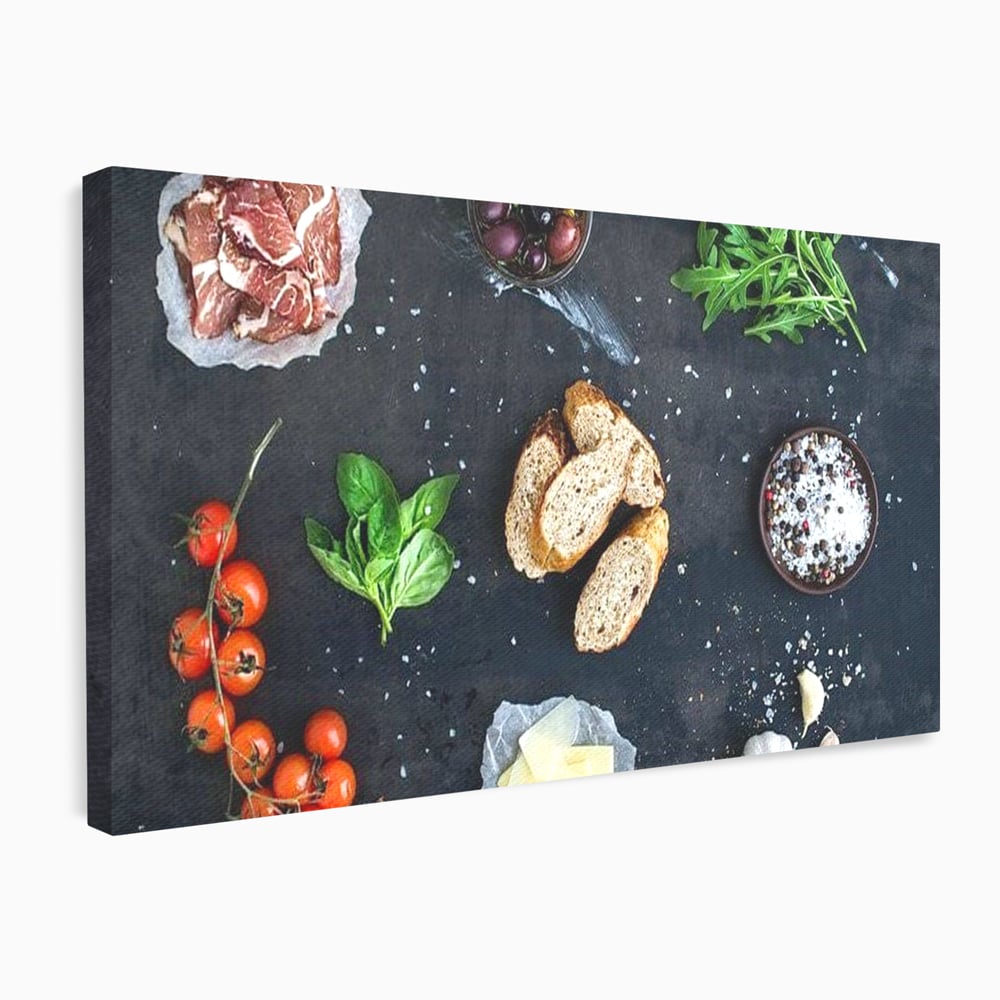 Leinwand Premium Canvas Wall Art, LuxCanva® N1100, Bruschetta Italienisch, Tomaten, Basilikum, Parmesan, Oliven, Gewürze, Zutaten, Rezept, Aperitif, Snack, Restaurant, Küche