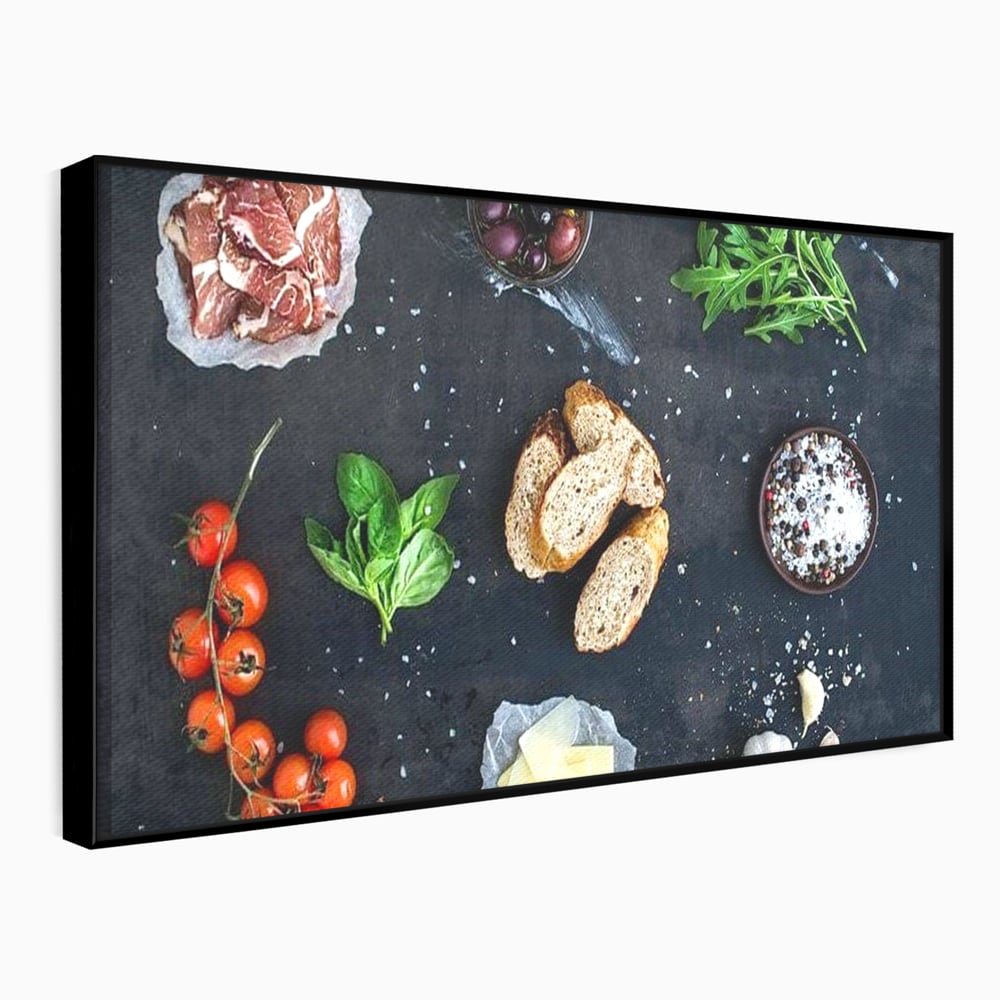 Leinwand Premium Canvas Wall Art, LuxCanva® N1100, Bruschetta Italienisch, Tomaten, Basilikum, Parmesan, Oliven, Gewürze, Zutaten, Rezept, Aperitif, Snack, Restaurant, Küche
