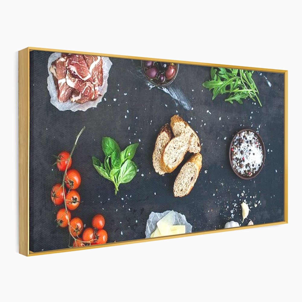 Leinwand Premium Canvas Wall Art, LuxCanva® N1100, Bruschetta Italienisch, Tomaten, Basilikum, Parmesan, Oliven, Gewürze, Zutaten, Rezept, Aperitif, Snack, Restaurant, Küche