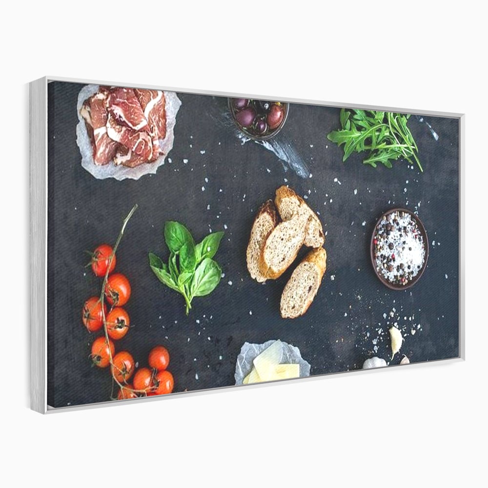 Leinwand Premium Canvas Wall Art, LuxCanva® N1100, Bruschetta Italienisch, Tomaten, Basilikum, Parmesan, Oliven, Gewürze, Zutaten, Rezept, Aperitif, Snack, Restaurant, Küche