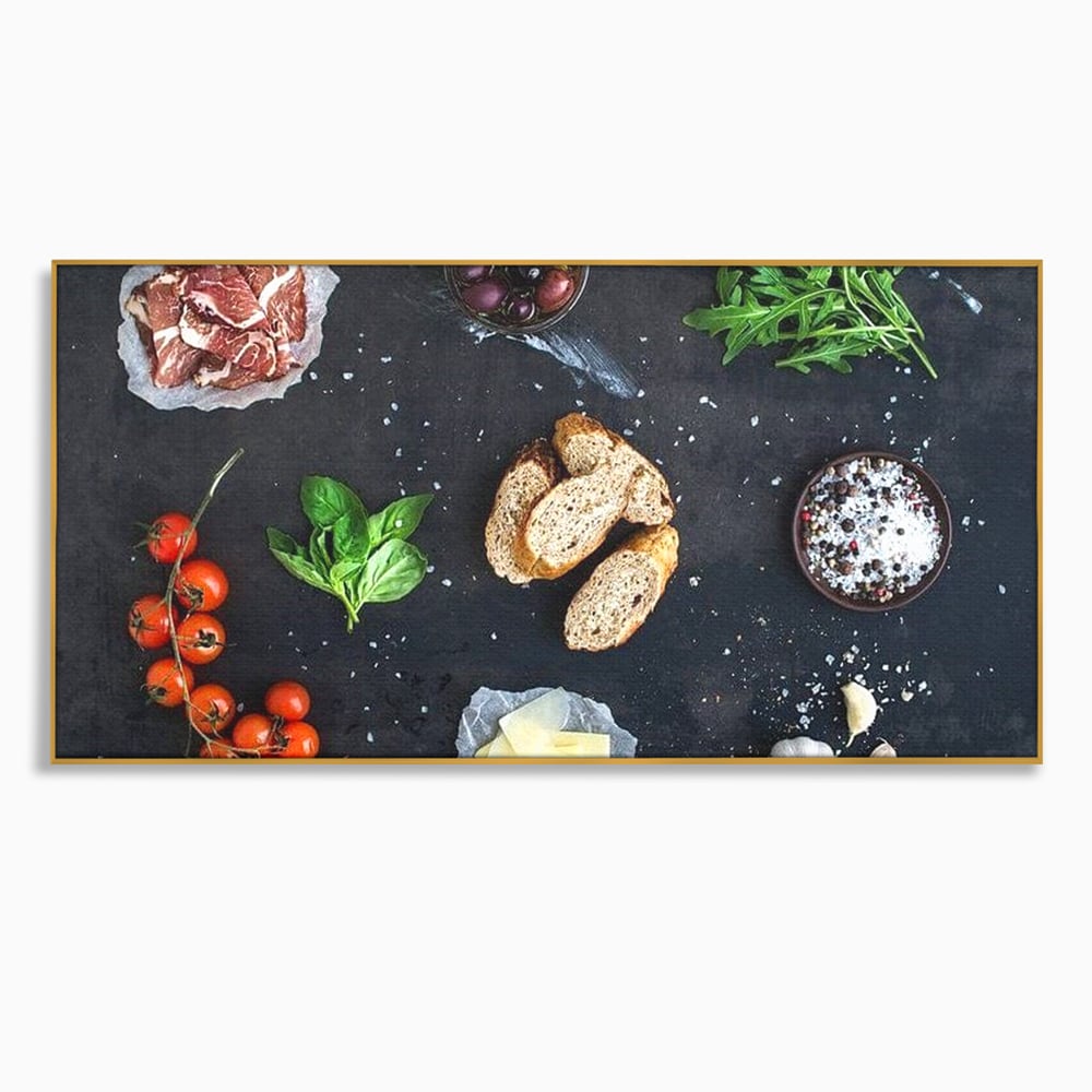 Leinwand Premium Canvas Wall Art, LuxCanva® N1100, Bruschetta Italienisch, Tomaten, Basilikum, Parmesan, Oliven, Gewürze, Zutaten, Rezept, Aperitif, Snack, Restaurant, Küche