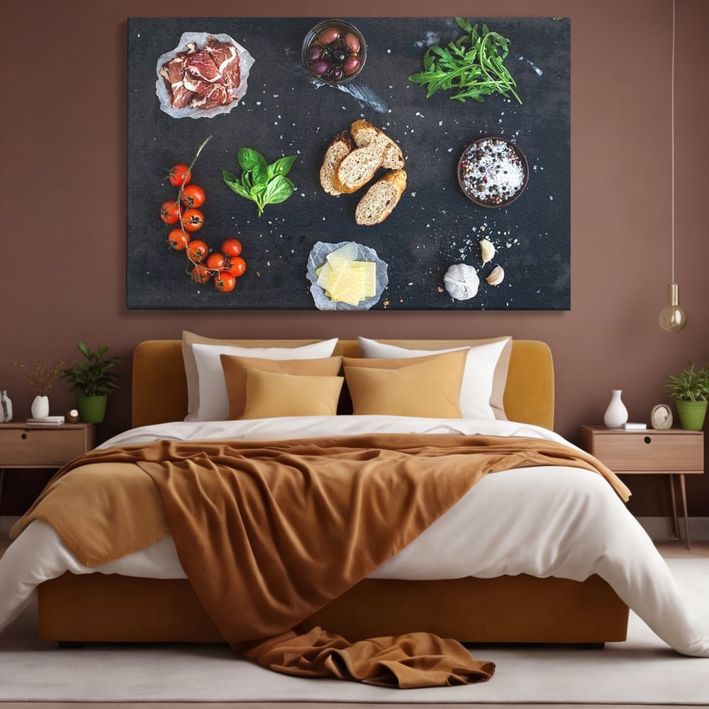 Leinwand Premium Canvas Wall Art, LuxCanva® N1100, Bruschetta Italienisch, Tomaten, Basilikum, Parmesan, Oliven, Gewürze, Zutaten, Rezept, Aperitif, Snack, Restaurant, Küche