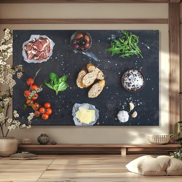 Leinwand Premium Canvas Wall Art, LuxCanva® N1100, Bruschetta Italienisch, Tomaten, Basilikum, Parmesan, Oliven, Gewürze, Zutaten, Rezept, Aperitif, Snack, Restaurant, Küche