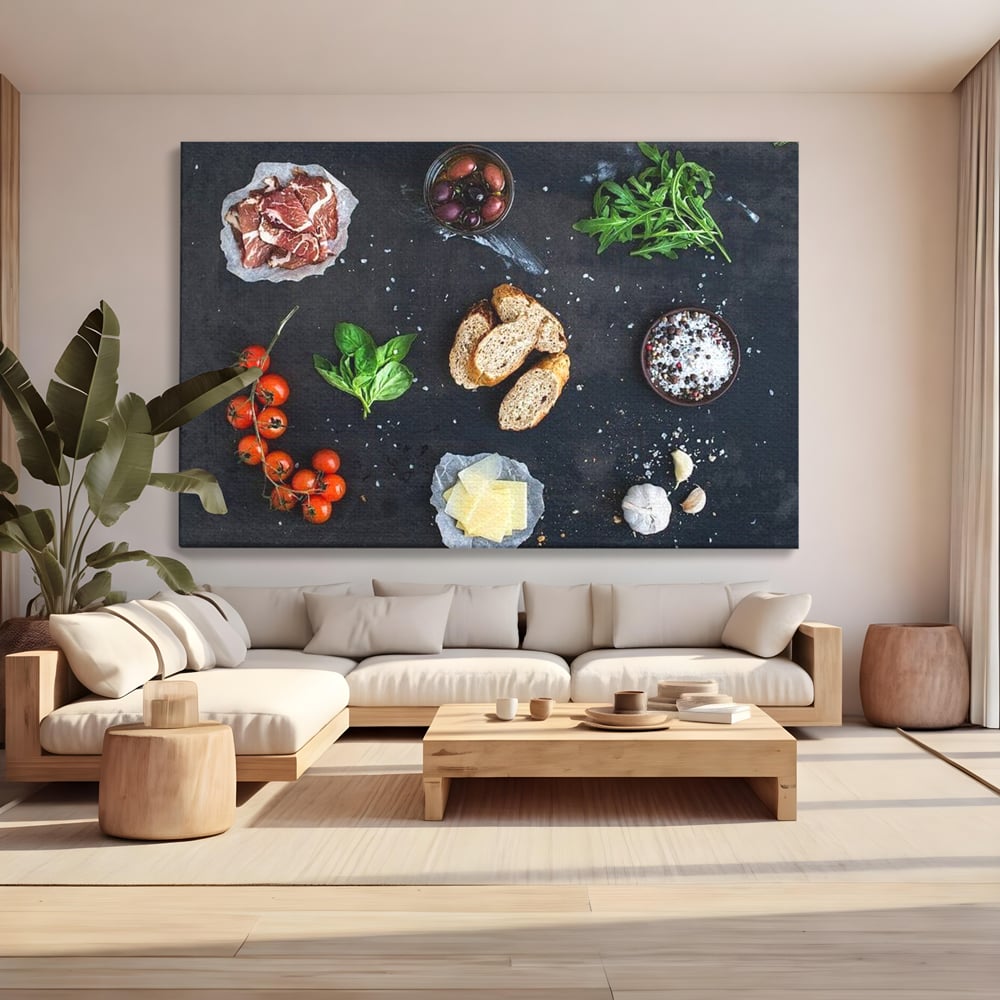 Leinwand Premium Canvas Wall Art, LuxCanva® N1100, Bruschetta Italienisch, Tomaten, Basilikum, Parmesan, Oliven, Gewürze, Zutaten, Rezept, Aperitif, Snack, Restaurant, Küche