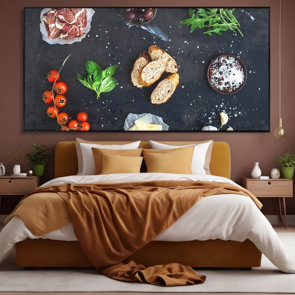 Leinwand Premium Canvas Wall Art, LuxCanva® N1100, Bruschetta Italienisch, Tomaten, Basilikum, Parmesan, Oliven, Gewürze, Zutaten, Rezept, Aperitif, Snack, Restaurant, Küche