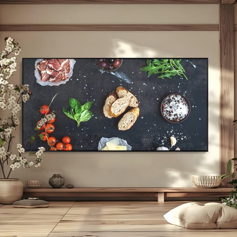 Leinwand Premium Canvas Wall Art, LuxCanva® N1100, Bruschetta Italienisch, Tomaten, Basilikum, Parmesan, Oliven, Gewürze, Zutaten, Rezept, Aperitif, Snack, Restaurant, Küche