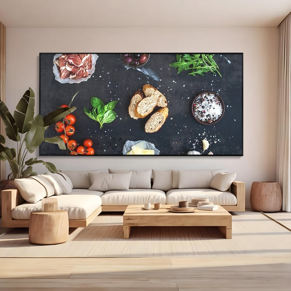 Leinwand Premium Canvas Wall Art, LuxCanva® N1100, Bruschetta Italienisch, Tomaten, Basilikum, Parmesan, Oliven, Gewürze, Zutaten, Rezept, Aperitif, Snack, Restaurant, Küche