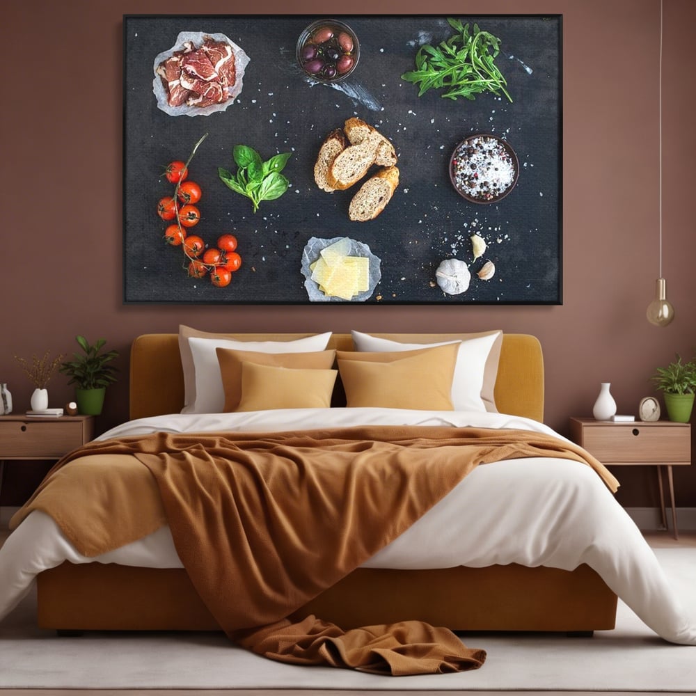 Leinwand Premium Canvas Wall Art, LuxCanva® N1100, Bruschetta Italienisch, Tomaten, Basilikum, Parmesan, Oliven, Gewürze, Zutaten, Rezept, Aperitif, Snack, Restaurant, Küche