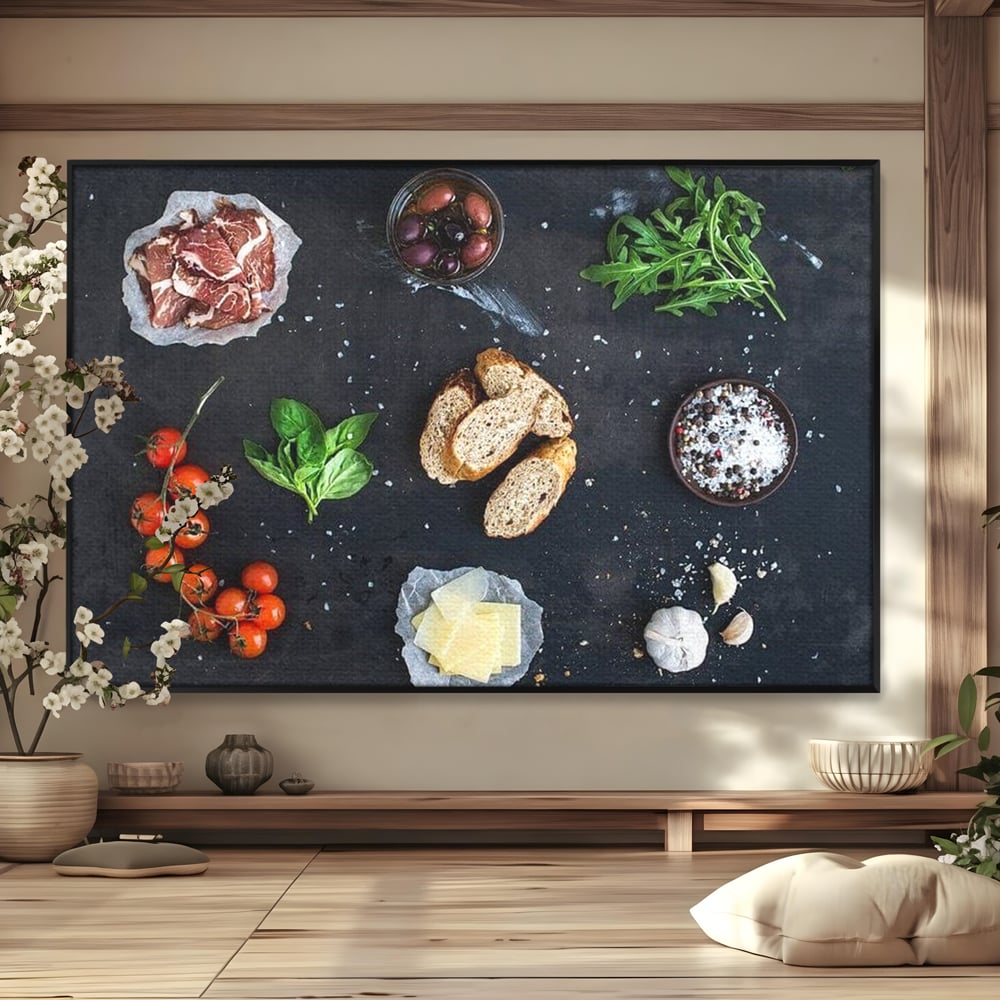 Leinwand Premium Canvas Wall Art, LuxCanva® N1100, Bruschetta Italienisch, Tomaten, Basilikum, Parmesan, Oliven, Gewürze, Zutaten, Rezept, Aperitif, Snack, Restaurant, Küche