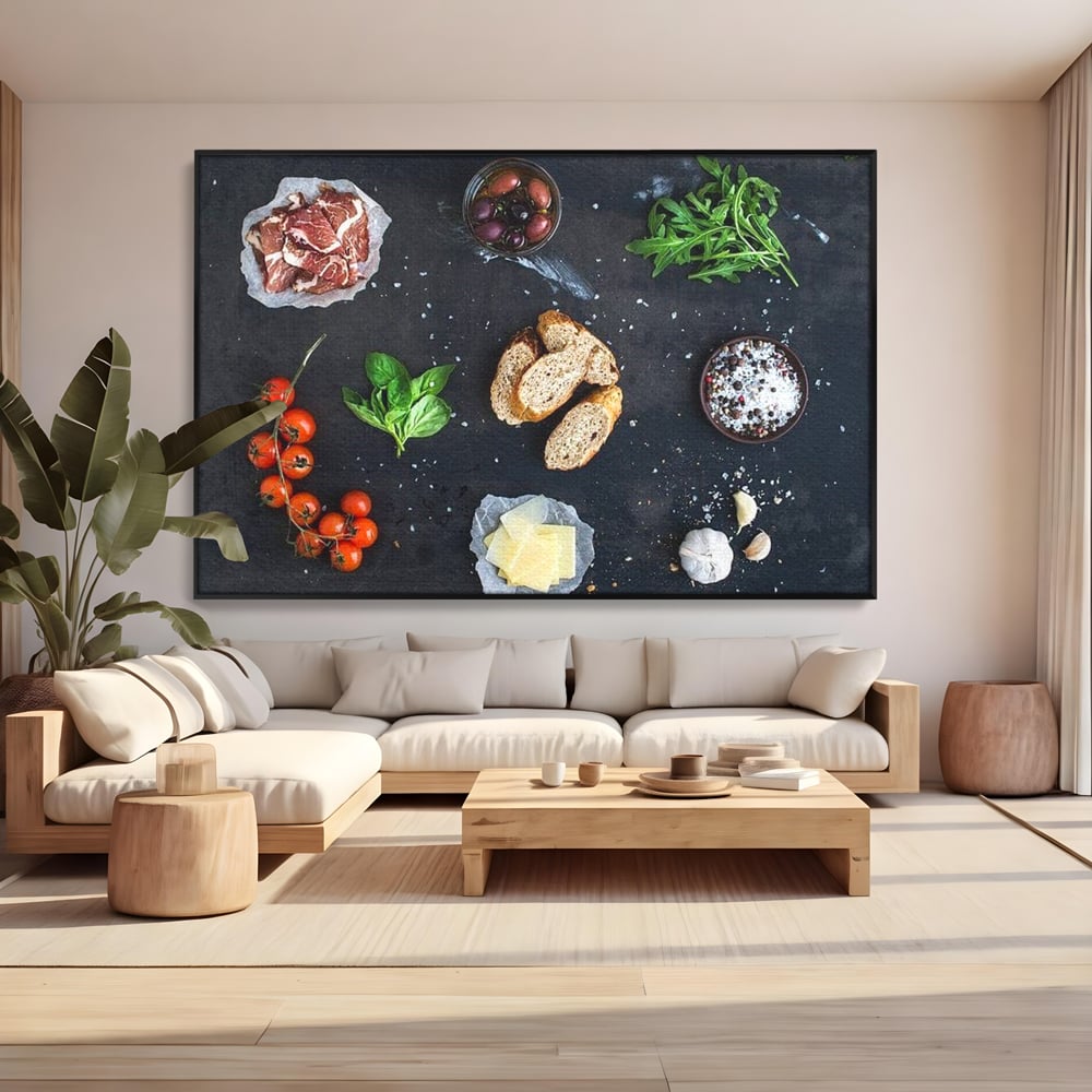 Leinwand Premium Canvas Wall Art, LuxCanva® N1100, Bruschetta Italienisch, Tomaten, Basilikum, Parmesan, Oliven, Gewürze, Zutaten, Rezept, Aperitif, Snack, Restaurant, Küche
