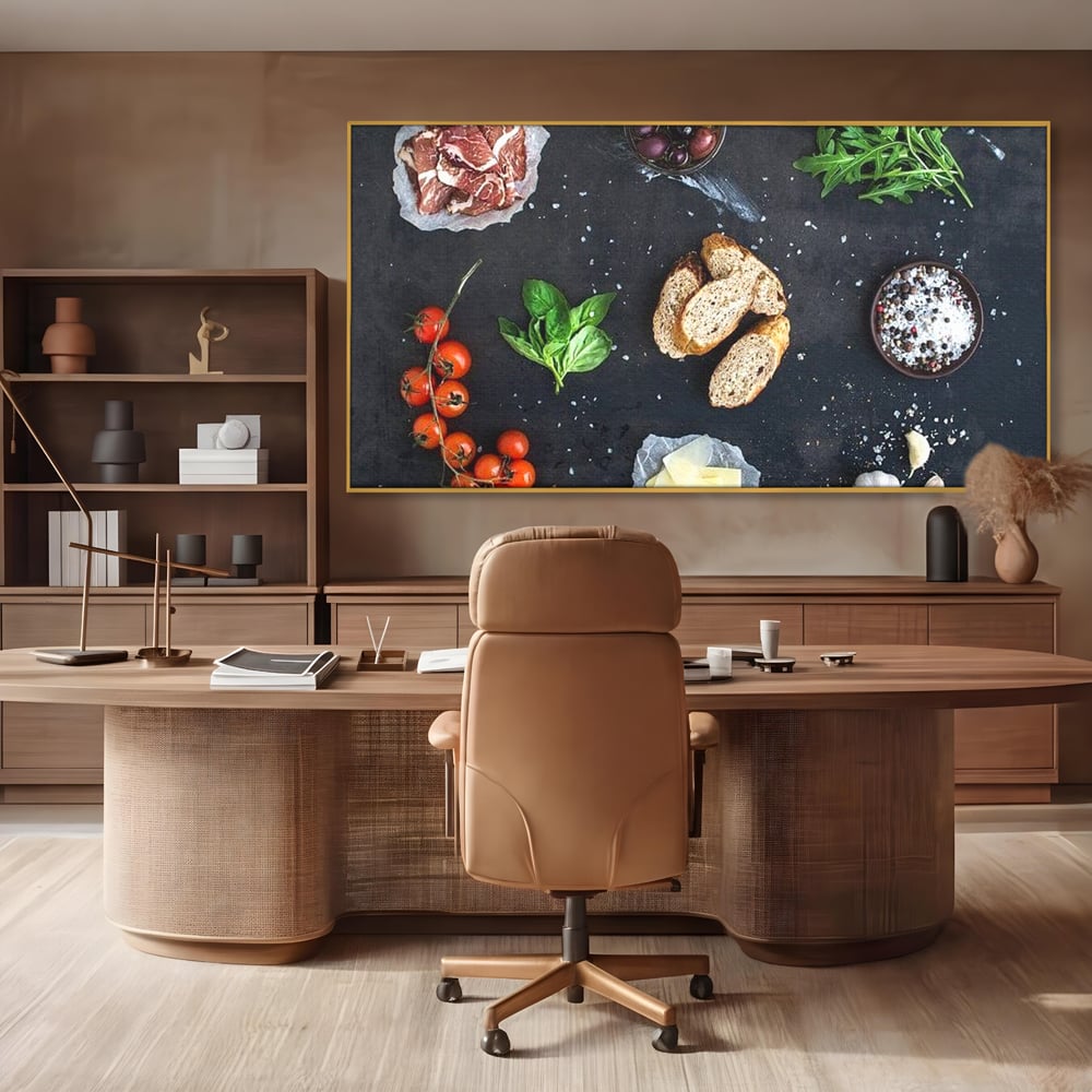 Leinwand Premium Canvas Wall Art, LuxCanva® N1100, Bruschetta Italienisch, Tomaten, Basilikum, Parmesan, Oliven, Gewürze, Zutaten, Rezept, Aperitif, Snack, Restaurant, Küche