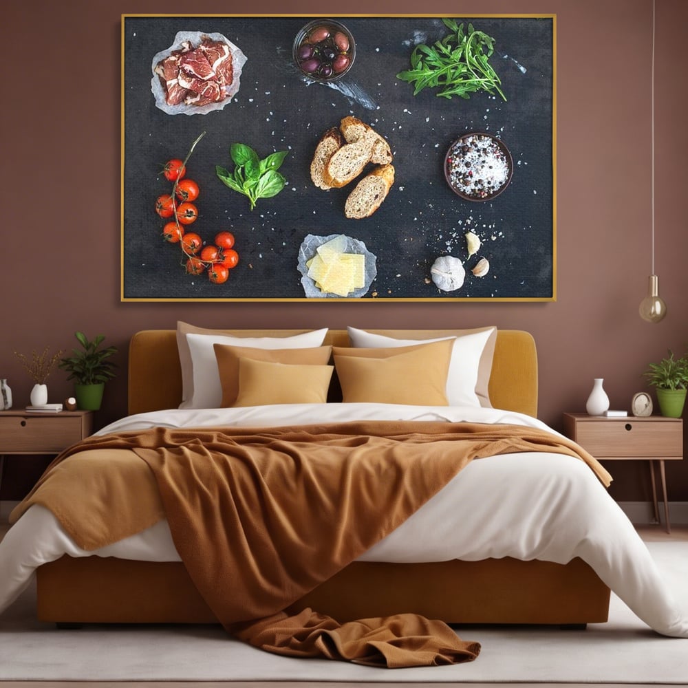 Leinwand Premium Canvas Wall Art, LuxCanva® N1100, Bruschetta Italienisch, Tomaten, Basilikum, Parmesan, Oliven, Gewürze, Zutaten, Rezept, Aperitif, Snack, Restaurant, Küche