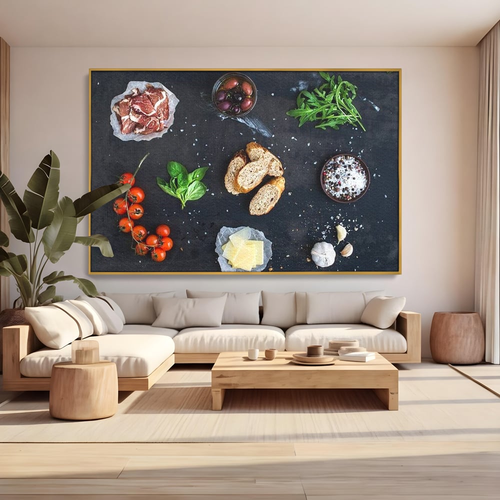 Leinwand Premium Canvas Wall Art, LuxCanva® N1100, Bruschetta Italienisch, Tomaten, Basilikum, Parmesan, Oliven, Gewürze, Zutaten, Rezept, Aperitif, Snack, Restaurant, Küche