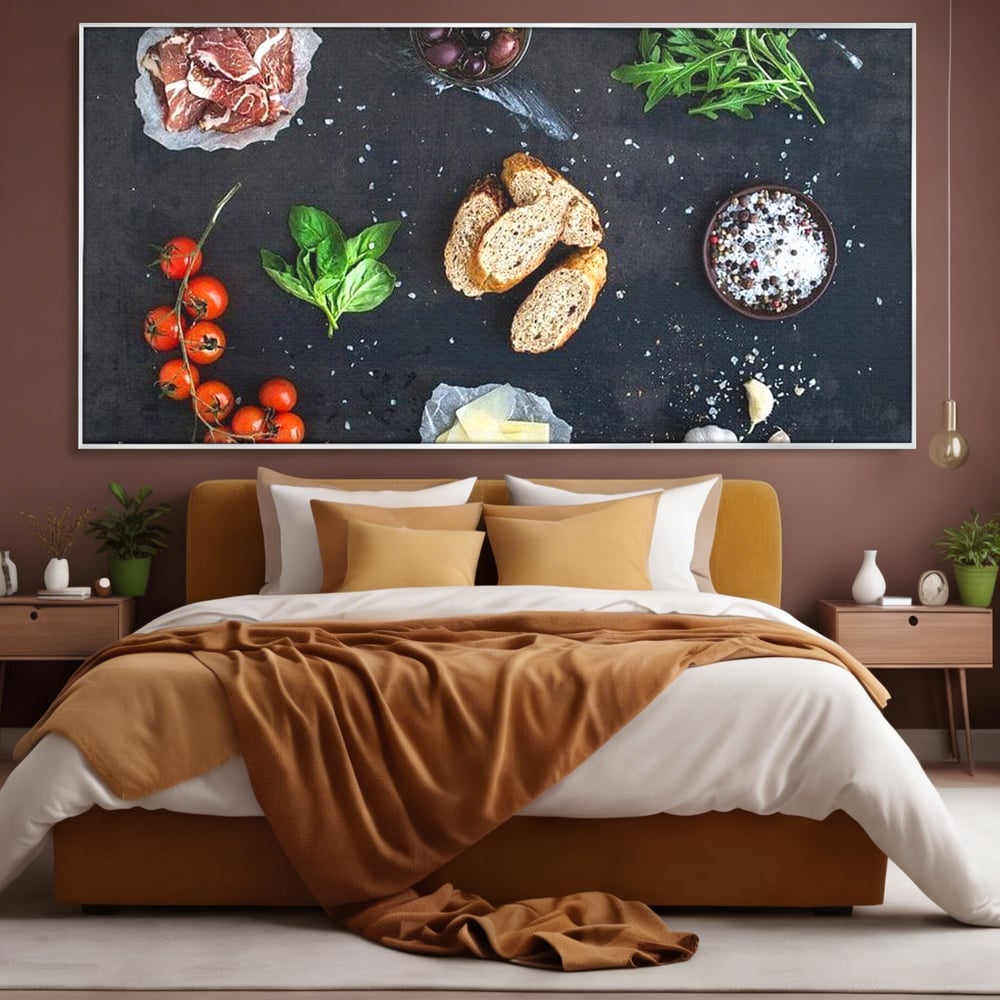 Leinwand Premium Canvas Wall Art, LuxCanva® N1100, Bruschetta Italienisch, Tomaten, Basilikum, Parmesan, Oliven, Gewürze, Zutaten, Rezept, Aperitif, Snack, Restaurant, Küche