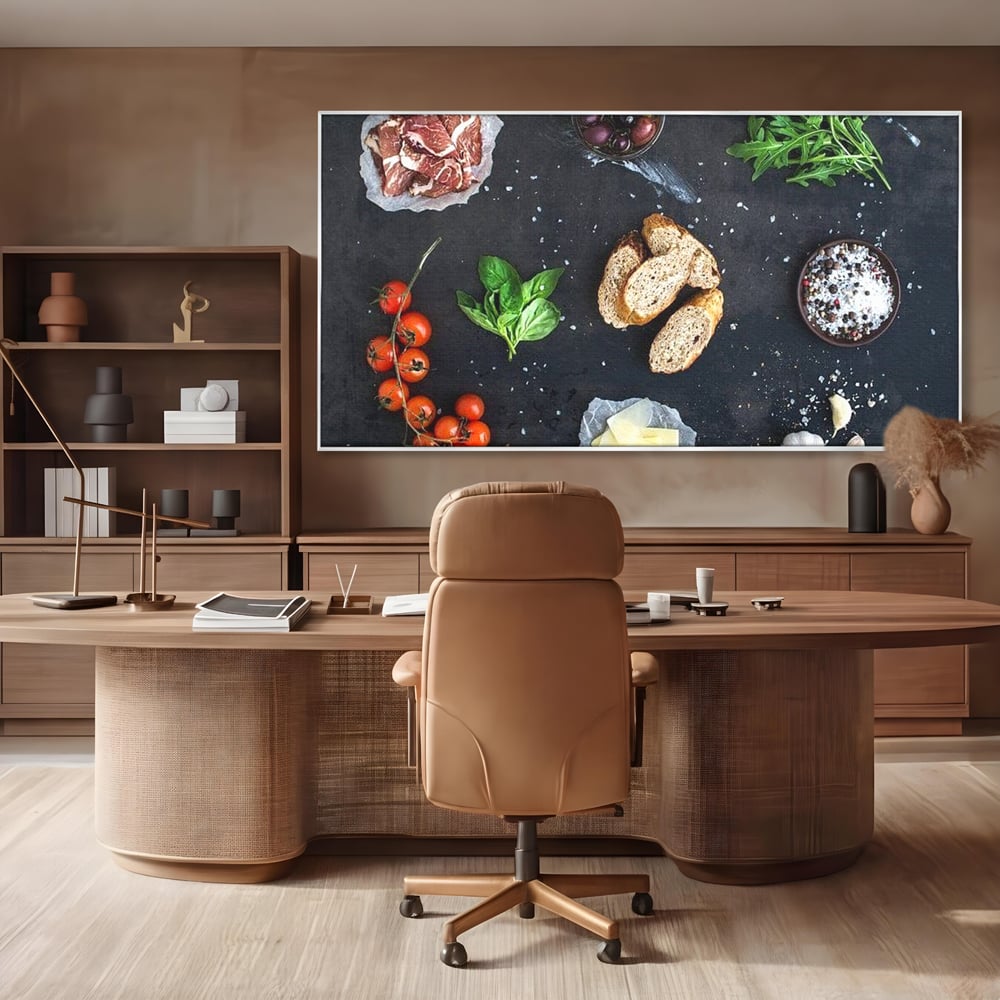 Leinwand Premium Canvas Wall Art, LuxCanva® N1100, Bruschetta Italienisch, Tomaten, Basilikum, Parmesan, Oliven, Gewürze, Zutaten, Rezept, Aperitif, Snack, Restaurant, Küche