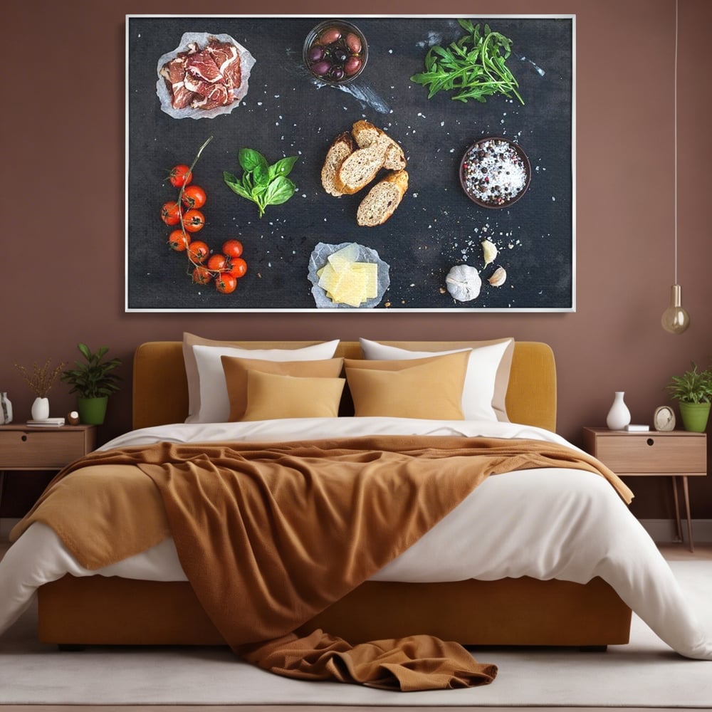 Leinwand Premium Canvas Wall Art, LuxCanva® N1100, Bruschetta Italienisch, Tomaten, Basilikum, Parmesan, Oliven, Gewürze, Zutaten, Rezept, Aperitif, Snack, Restaurant, Küche