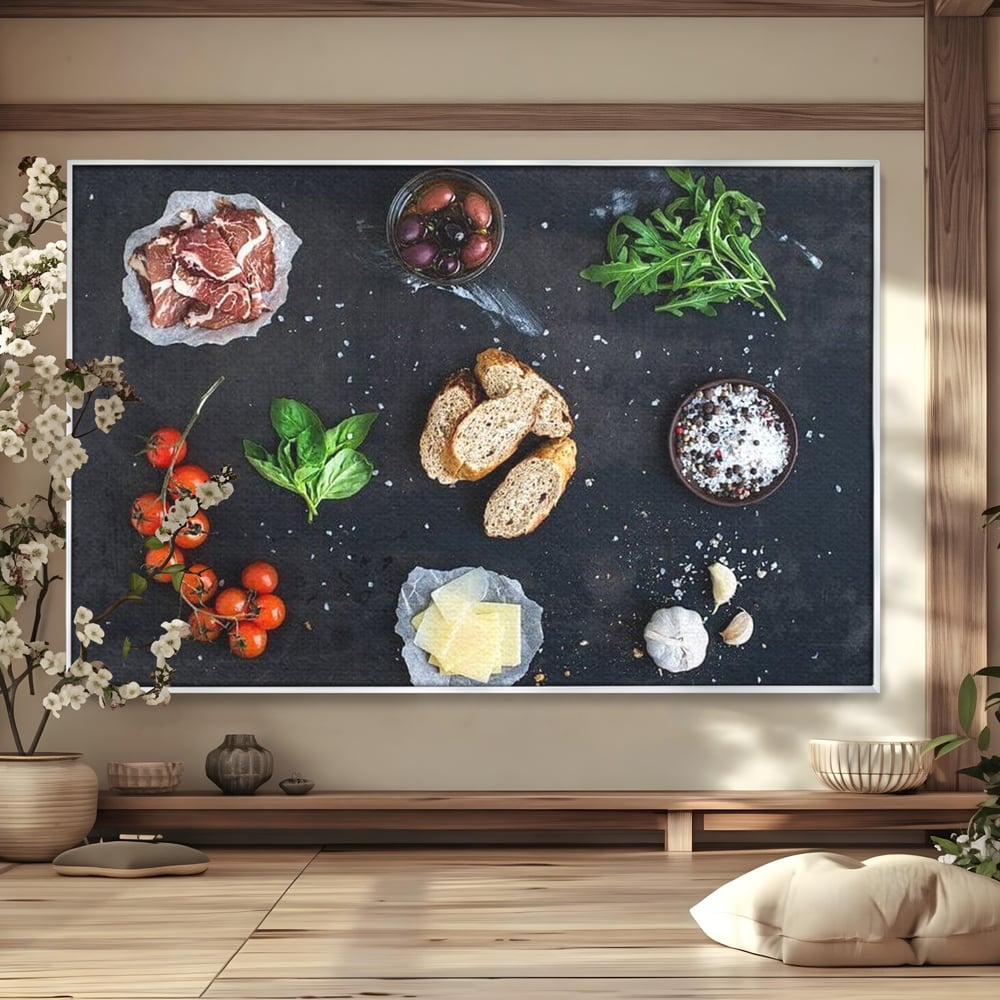 Leinwand Premium Canvas Wall Art, LuxCanva® N1100, Bruschetta Italienisch, Tomaten, Basilikum, Parmesan, Oliven, Gewürze, Zutaten, Rezept, Aperitif, Snack, Restaurant, Küche
