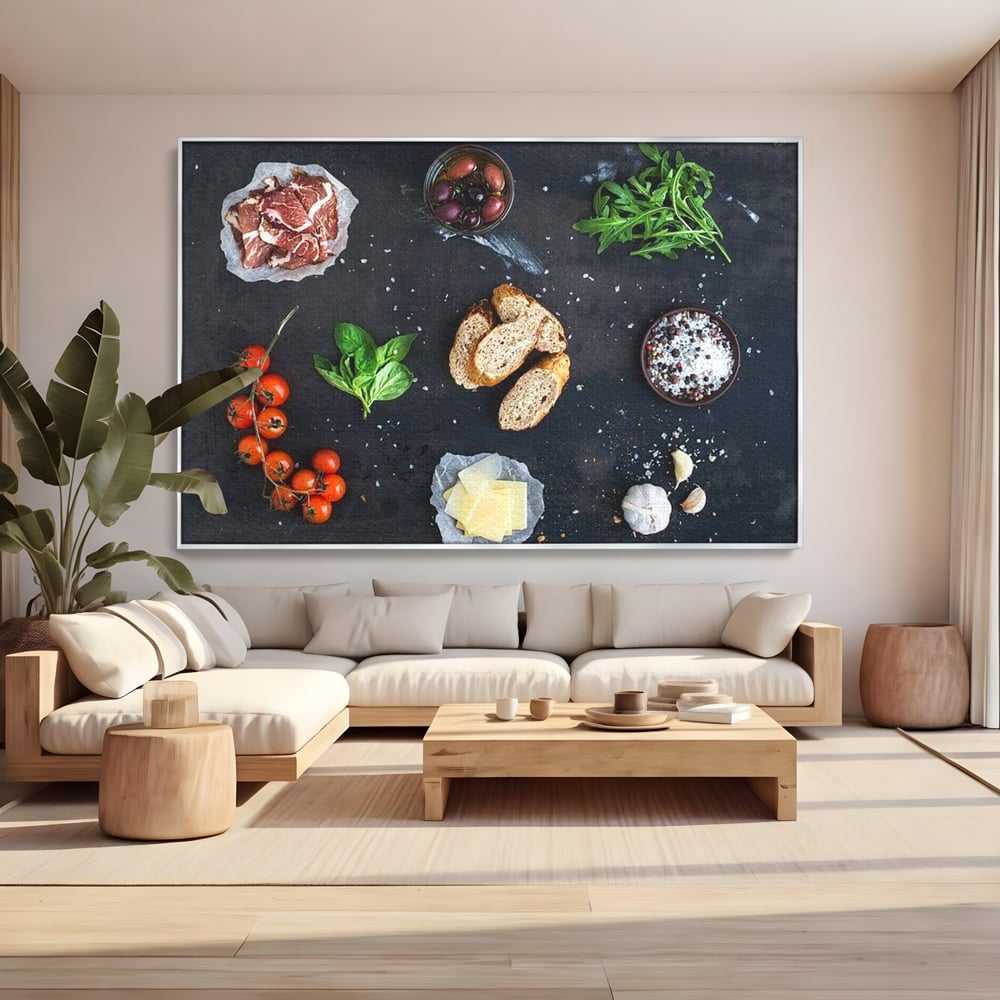 Leinwand Premium Canvas Wall Art, LuxCanva® N1100, Bruschetta Italienisch, Tomaten, Basilikum, Parmesan, Oliven, Gewürze, Zutaten, Rezept, Aperitif, Snack, Restaurant, Küche