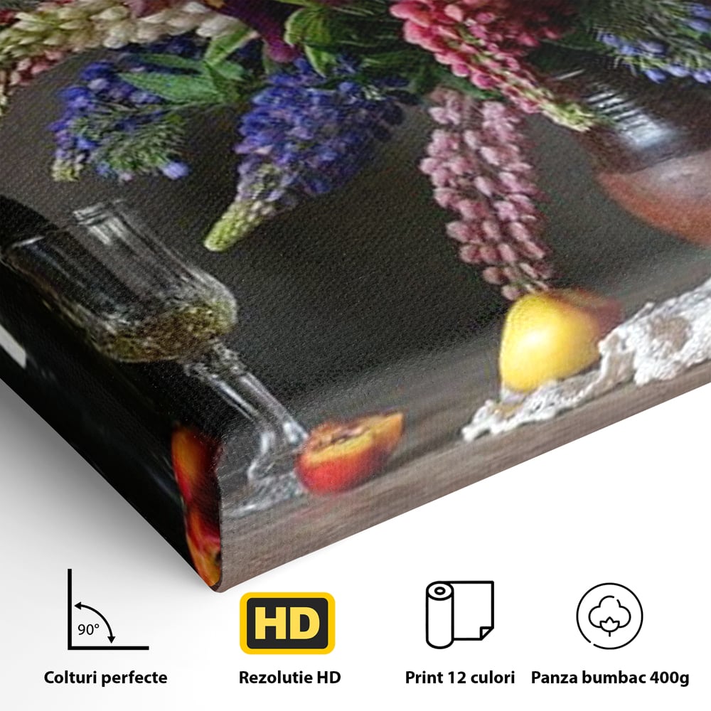 Tablou Canvas Premium, LuxCanva® N1101, Rapsodie Rustica, Flori, Fructe, Vaza, Flori, Buchet, Sticla, Vin, Pahar, Bautura, Masa, Traditional, Pub, Bar, Lounge, Restaurant, Bucatarie