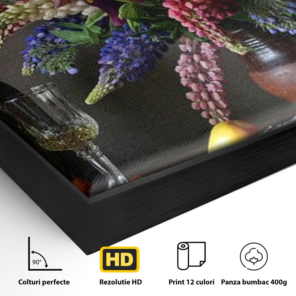 Tablou Canvas Premium, LuxCanva® N1101, Rapsodie Rustica, Flori, Fructe, Vaza, Flori, Buchet, Sticla, Vin, Pahar, Bautura, Masa, Traditional, Pub, Bar, Lounge, Restaurant, Bucatarie