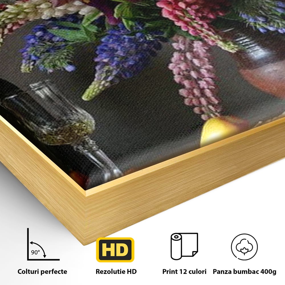 Tablou Canvas Premium, LuxCanva® N1101, Rapsodie Rustica, Flori, Fructe, Vaza, Flori, Buchet, Sticla, Vin, Pahar, Bautura, Masa, Traditional, Pub, Bar, Lounge, Restaurant, Bucatarie