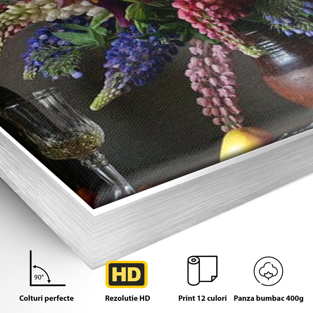 Tablou Canvas Premium, LuxCanva® N1101, Rapsodie Rustica, Flori, Fructe, Vaza, Flori, Buchet, Sticla, Vin, Pahar, Bautura, Masa, Traditional, Pub, Bar, Lounge, Restaurant, Bucatarie