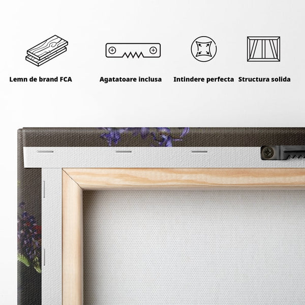 Tablou Canvas Premium, LuxCanva® N1101, Rapsodie Rustica, Flori, Fructe, Vaza, Flori, Buchet, Sticla, Vin, Pahar, Bautura, Masa, Traditional, Pub, Bar, Lounge, Restaurant, Bucatarie