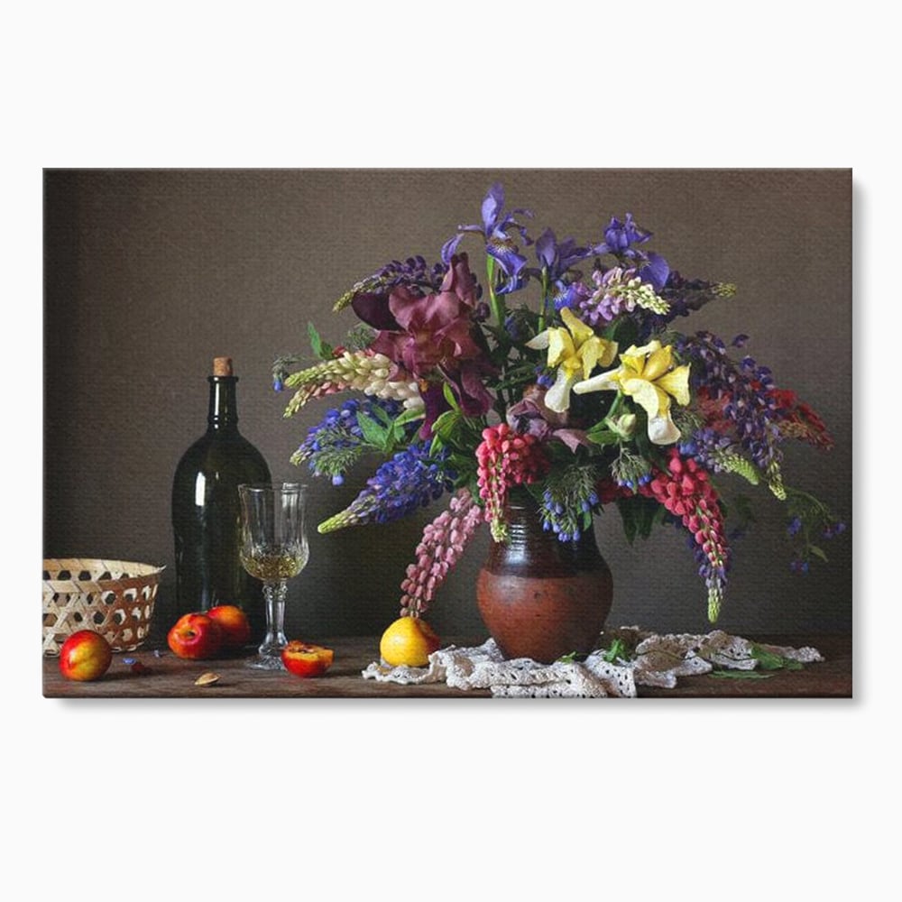 Tablou Canvas Premium, LuxCanva® N1101, Rapsodie Rustica, Flori, Fructe, Vaza, Flori, Buchet, Sticla, Vin, Pahar, Bautura, Masa, Traditional, Pub, Bar, Lounge, Restaurant, Bucatarie