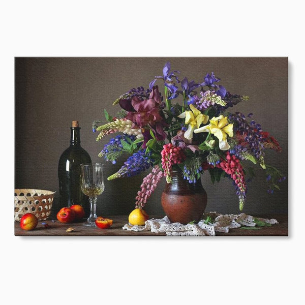 Tablou Canvas Premium, LuxCanva® N1101, Rapsodie Rustica, Flori, Fructe, Vaza, Flori, Buchet, Sticla, Vin, Pahar, Bautura, Masa, Traditional, Pub, Bar, Lounge, Restaurant, Bucatarie