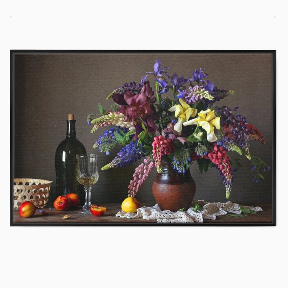 Tablou Canvas Premium, LuxCanva® N1101, Rapsodie Rustica, Flori, Fructe, Vaza, Flori, Buchet, Sticla, Vin, Pahar, Bautura, Masa, Traditional, Pub, Bar, Lounge, Restaurant, Bucatarie
