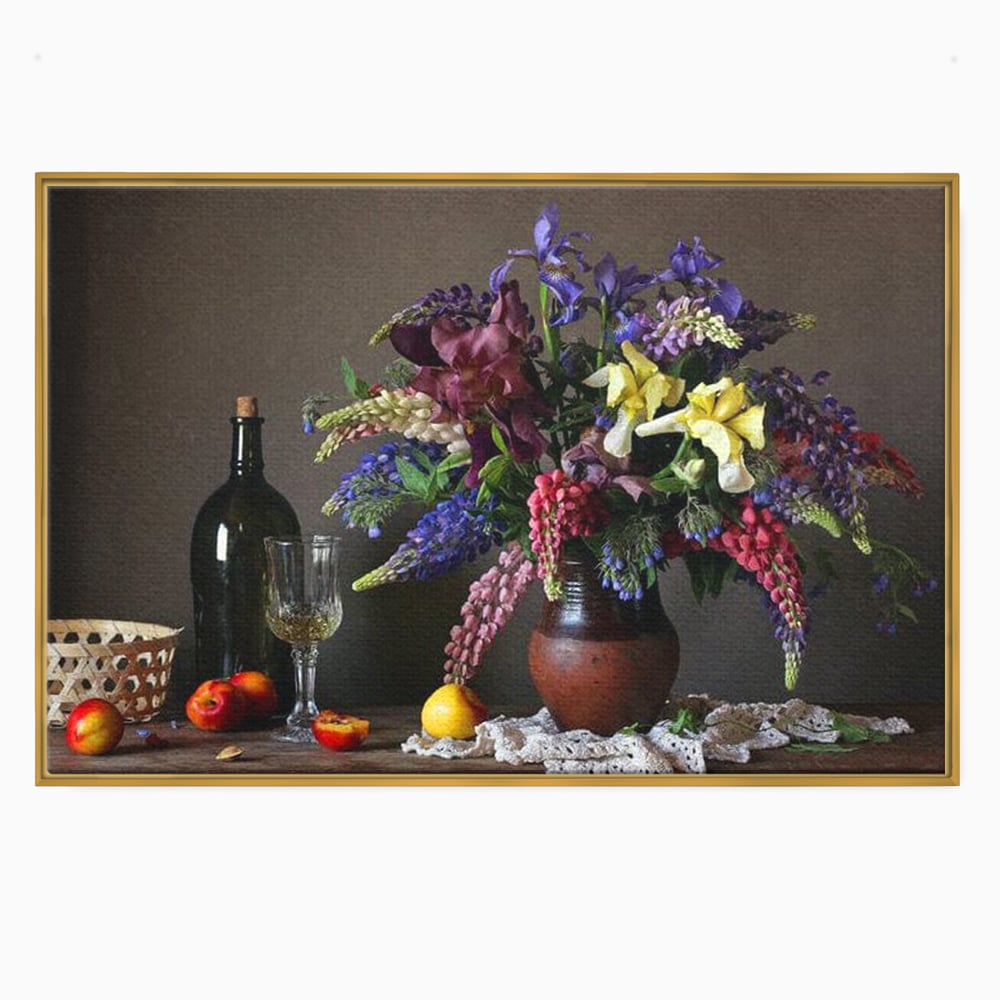 Tablou Canvas Premium, LuxCanva® N1101, Rapsodie Rustica, Flori, Fructe, Vaza, Flori, Buchet, Sticla, Vin, Pahar, Bautura, Masa, Traditional, Pub, Bar, Lounge, Restaurant, Bucatarie