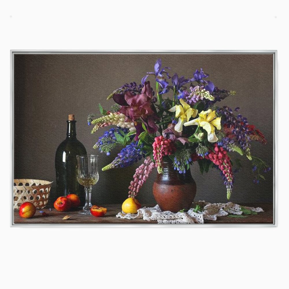 Tablou Canvas Premium, LuxCanva® N1101, Rapsodie Rustica, Flori, Fructe, Vaza, Flori, Buchet, Sticla, Vin, Pahar, Bautura, Masa, Traditional, Pub, Bar, Lounge, Restaurant, Bucatarie