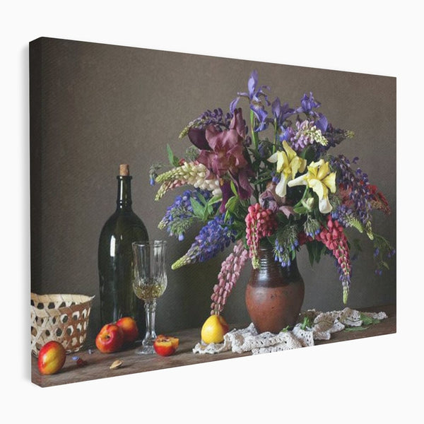 Tablou Canvas Premium, LuxCanva® N1101, Rapsodie Rustica, Flori, Fructe, Vaza, Flori, Buchet, Sticla, Vin, Pahar, Bautura, Masa, Traditional, Pub, Bar, Lounge, Restaurant, Bucatarie