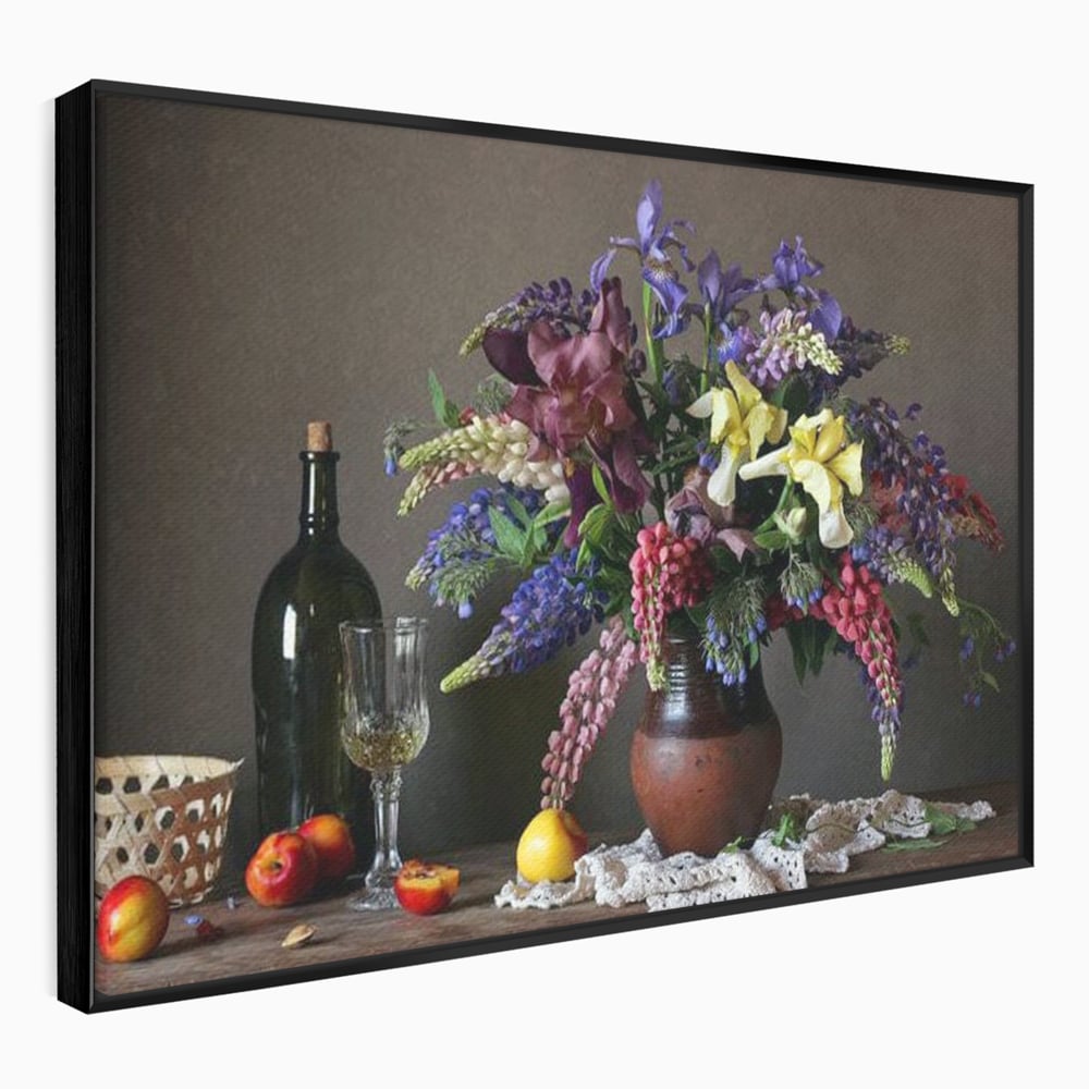 Tablou Canvas Premium, LuxCanva® N1101, Rapsodie Rustica, Flori, Fructe, Vaza, Flori, Buchet, Sticla, Vin, Pahar, Bautura, Masa, Traditional, Pub, Bar, Lounge, Restaurant, Bucatarie