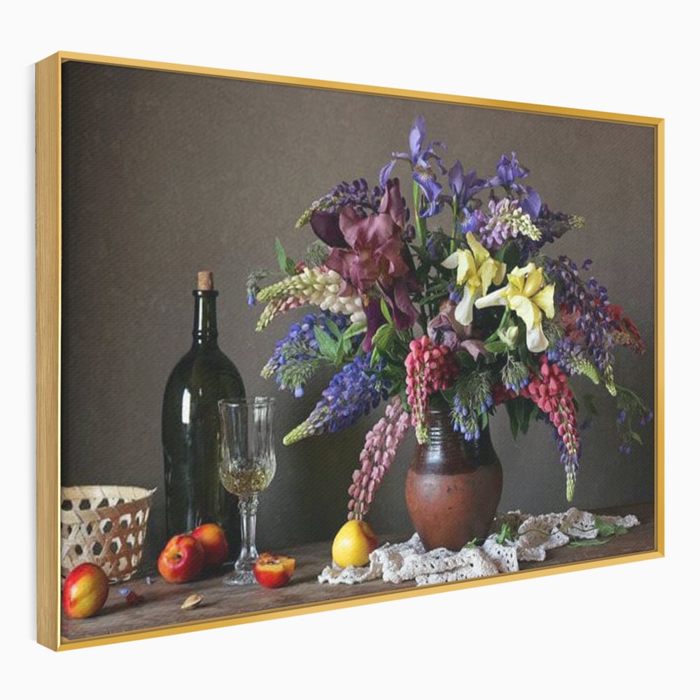 Tablou Canvas Premium, LuxCanva® N1101, Rapsodie Rustica, Flori, Fructe, Vaza, Flori, Buchet, Sticla, Vin, Pahar, Bautura, Masa, Traditional, Pub, Bar, Lounge, Restaurant, Bucatarie