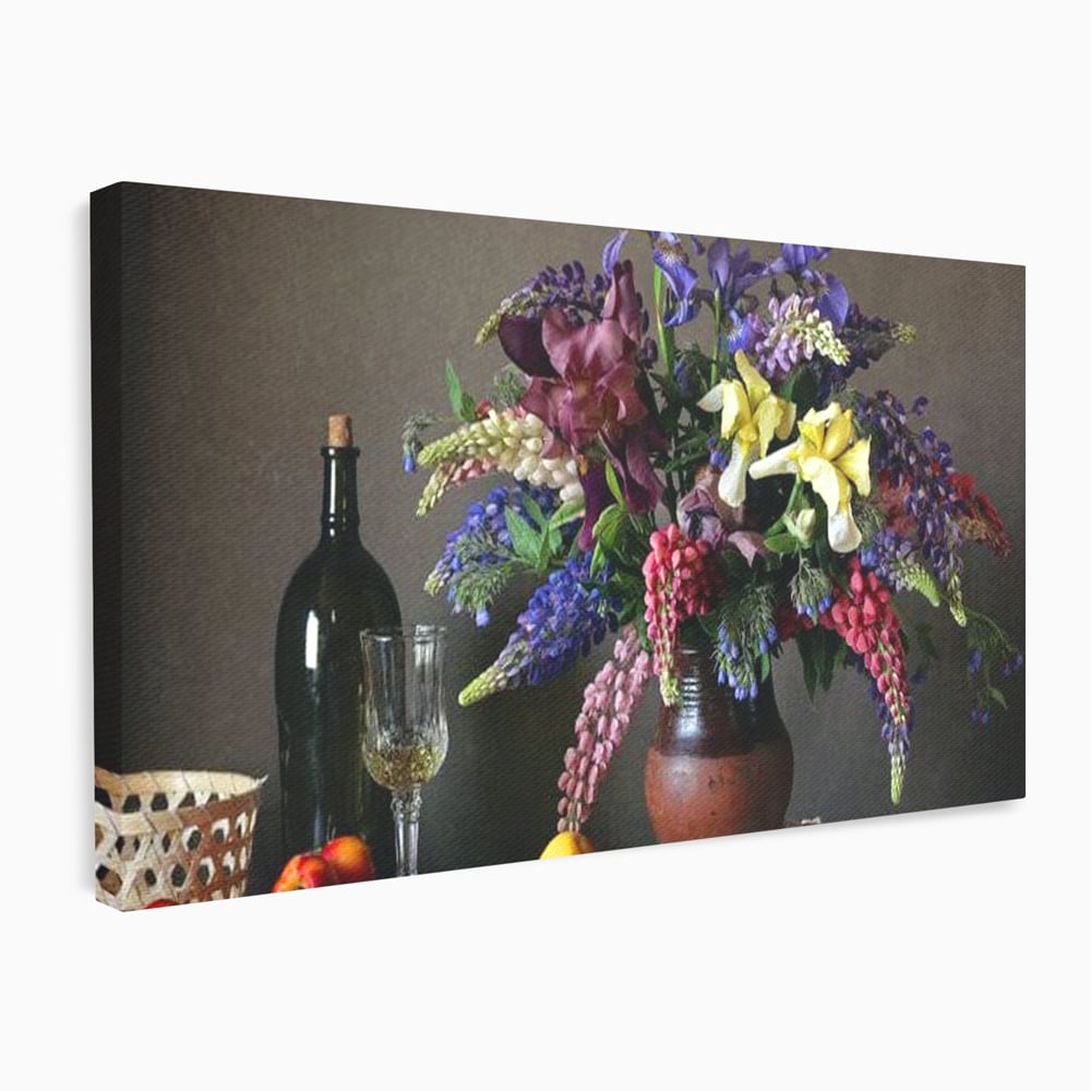 Tablou Canvas Premium, LuxCanva® N1101, Rapsodie Rustica, Flori, Fructe, Vaza, Flori, Buchet, Sticla, Vin, Pahar, Bautura, Masa, Traditional, Pub, Bar, Lounge, Restaurant, Bucatarie