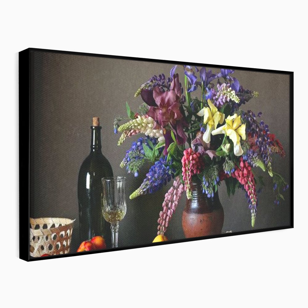 Tablou Canvas Premium, LuxCanva® N1101, Rapsodie Rustica, Flori, Fructe, Vaza, Flori, Buchet, Sticla, Vin, Pahar, Bautura, Masa, Traditional, Pub, Bar, Lounge, Restaurant, Bucatarie
