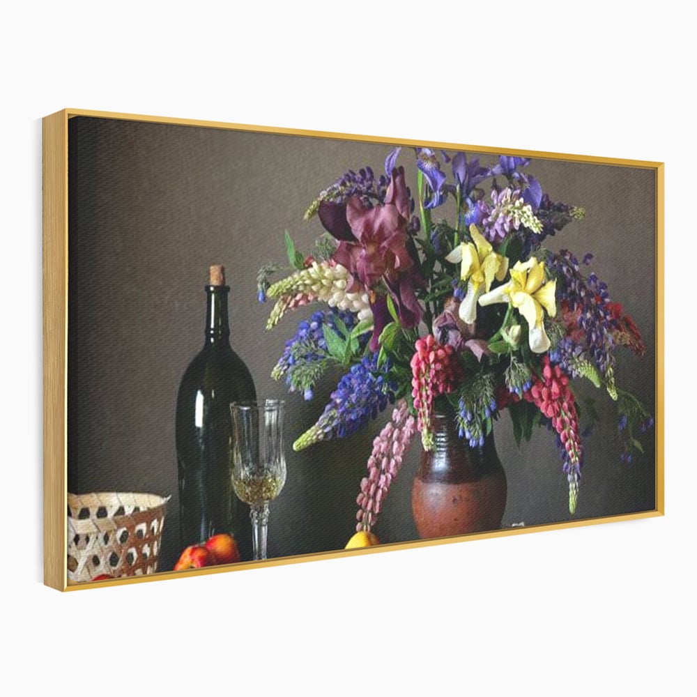 Tablou Canvas Premium, LuxCanva® N1101, Rapsodie Rustica, Flori, Fructe, Vaza, Flori, Buchet, Sticla, Vin, Pahar, Bautura, Masa, Traditional, Pub, Bar, Lounge, Restaurant, Bucatarie
