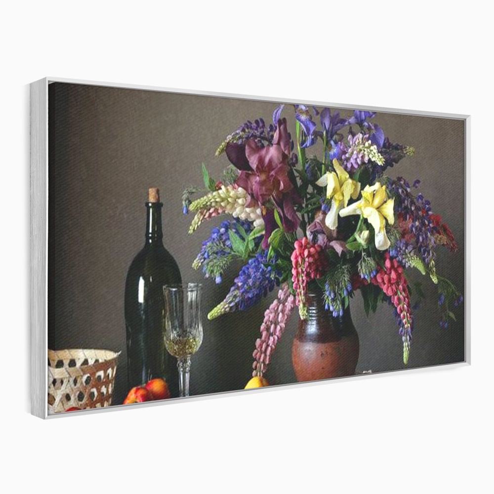 Tablou Canvas Premium, LuxCanva® N1101, Rapsodie Rustica, Flori, Fructe, Vaza, Flori, Buchet, Sticla, Vin, Pahar, Bautura, Masa, Traditional, Pub, Bar, Lounge, Restaurant, Bucatarie