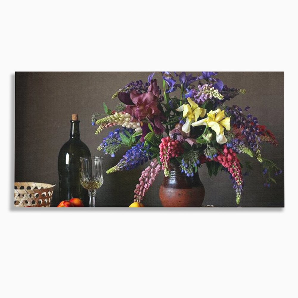 Tablou Canvas Premium, LuxCanva® N1101, Rapsodie Rustica, Flori, Fructe, Vaza, Flori, Buchet, Sticla, Vin, Pahar, Bautura, Masa, Traditional, Pub, Bar, Lounge, Restaurant, Bucatarie