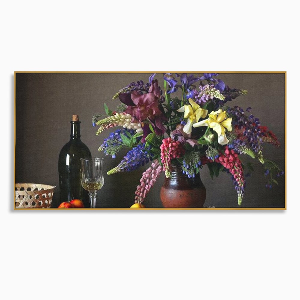 Tablou Canvas Premium, LuxCanva® N1101, Rapsodie Rustica, Flori, Fructe, Vaza, Flori, Buchet, Sticla, Vin, Pahar, Bautura, Masa, Traditional, Pub, Bar, Lounge, Restaurant, Bucatarie