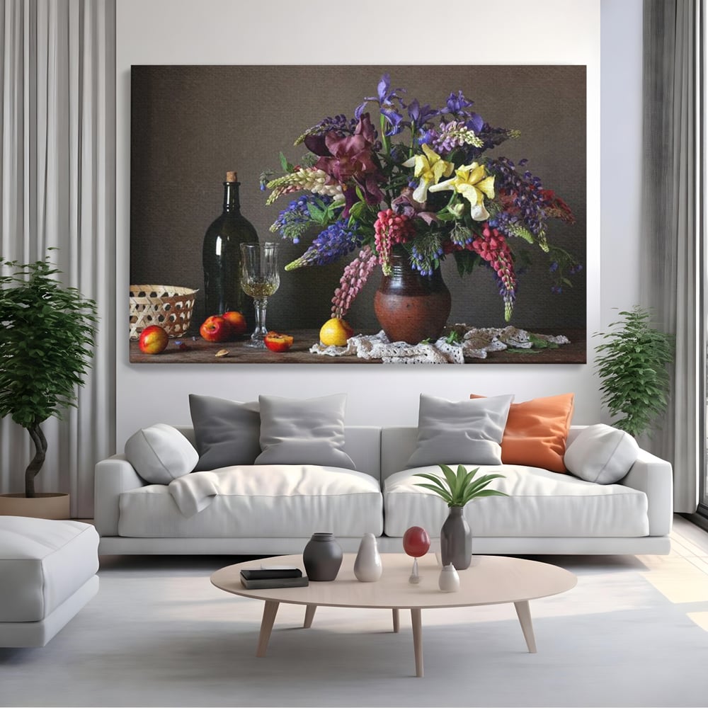Tablou Canvas Premium, LuxCanva® N1101, Rapsodie Rustica, Flori, Fructe, Vaza, Flori, Buchet, Sticla, Vin, Pahar, Bautura, Masa, Traditional, Pub, Bar, Lounge, Restaurant, Bucatarie